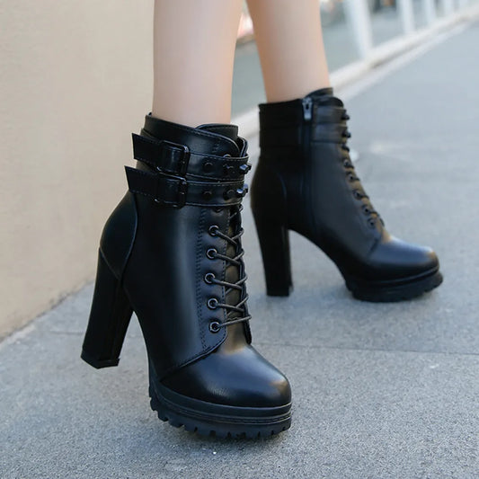 Women Short Boots High Heel Shoes Rivet Boot Winter Casual Leather Lace Up Solid Color Round Toe Shoes Female Winter Boots